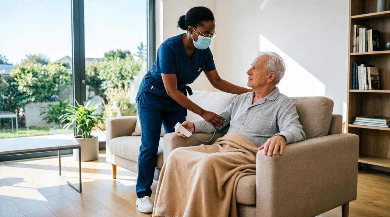 Professional nurse checking elderly patient's blood pressure at home after surgery